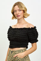 Black textured puff off shoulder top_1