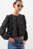 Black textured round neck blouse_1