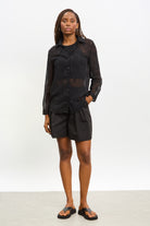 Black textured sheer shirt blouse_4