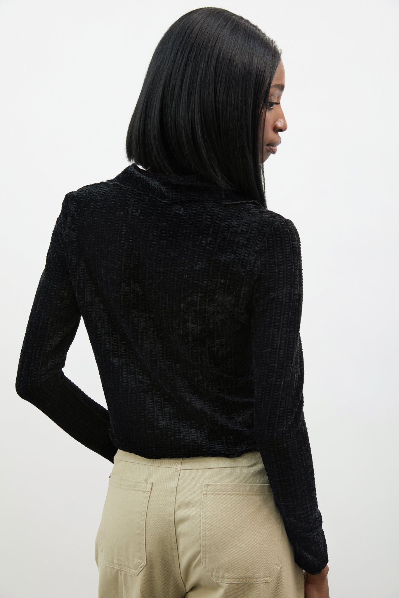 Black textured velvet ruffle trim long sleeve top_2