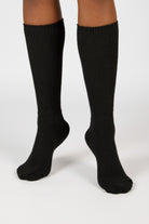 Black thin ribbed long cashmere blend socks_4