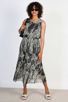 Black tropical floral print silky micro pleat maxi dress_1