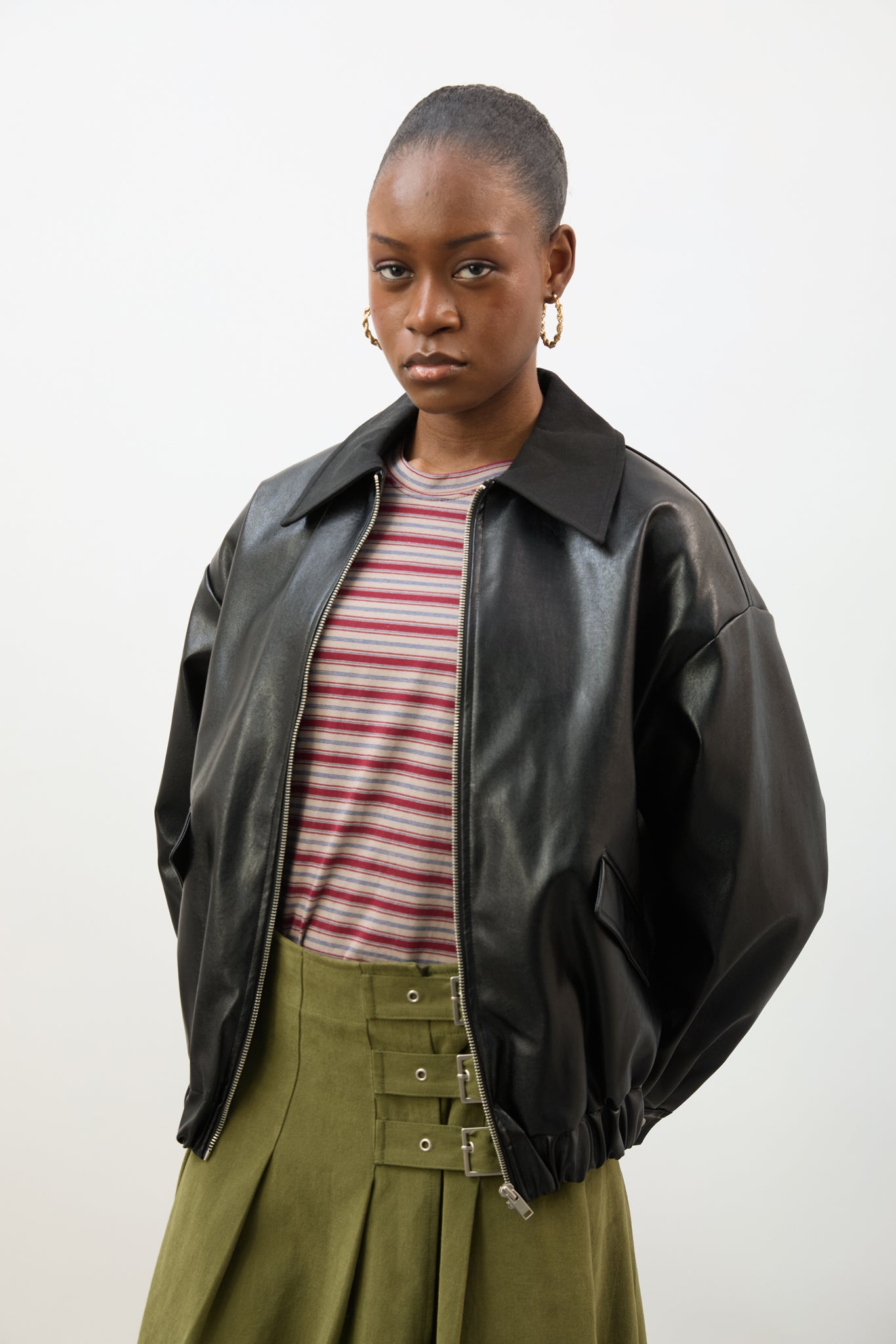 Black vegan leather contrast collar jacket_2