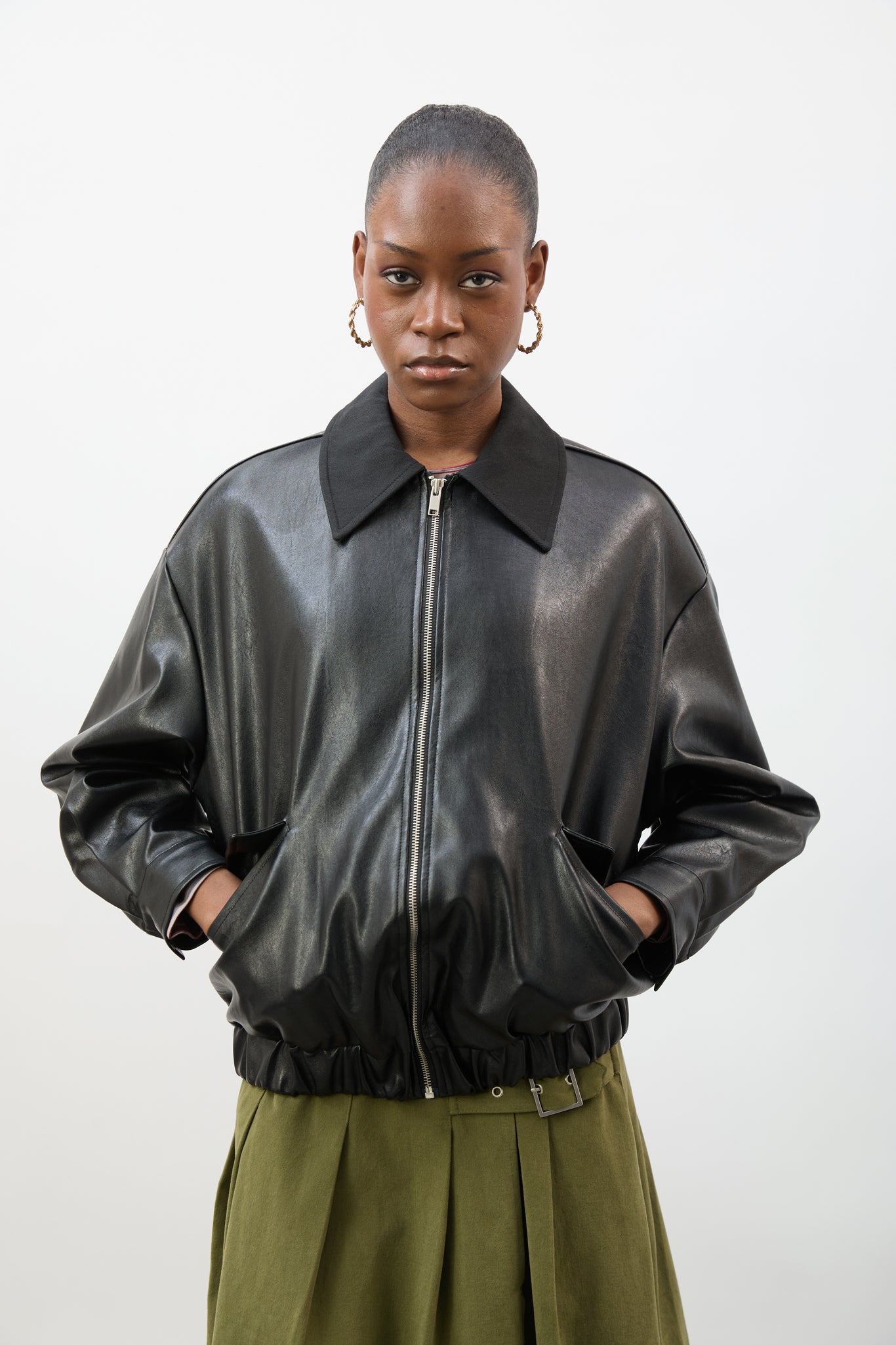 Black vegan leather contrast collar jacket_1