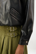 Black vegan leather contrast collar jacket_4