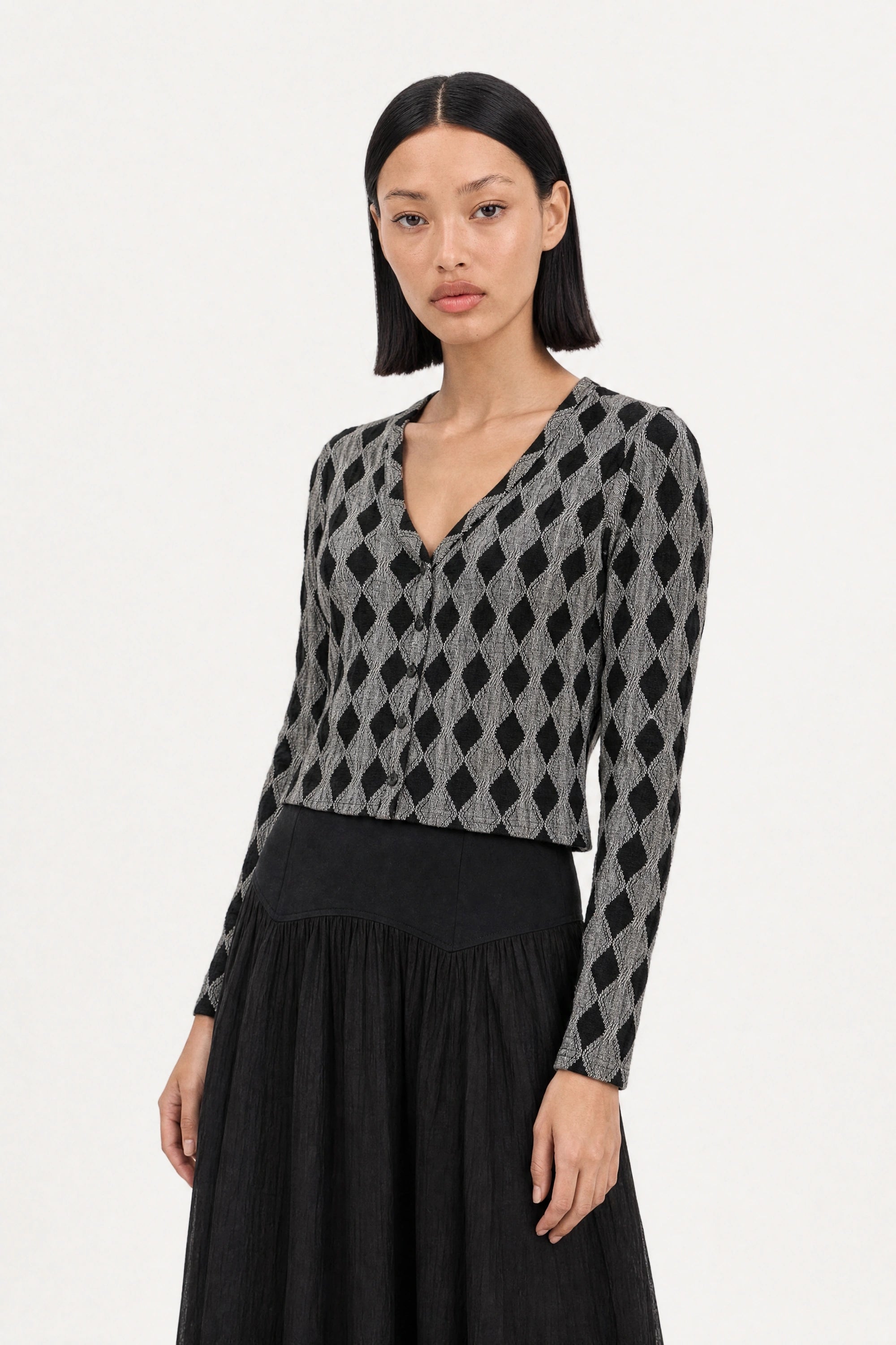 Black and grey diamond pattern button up top_3