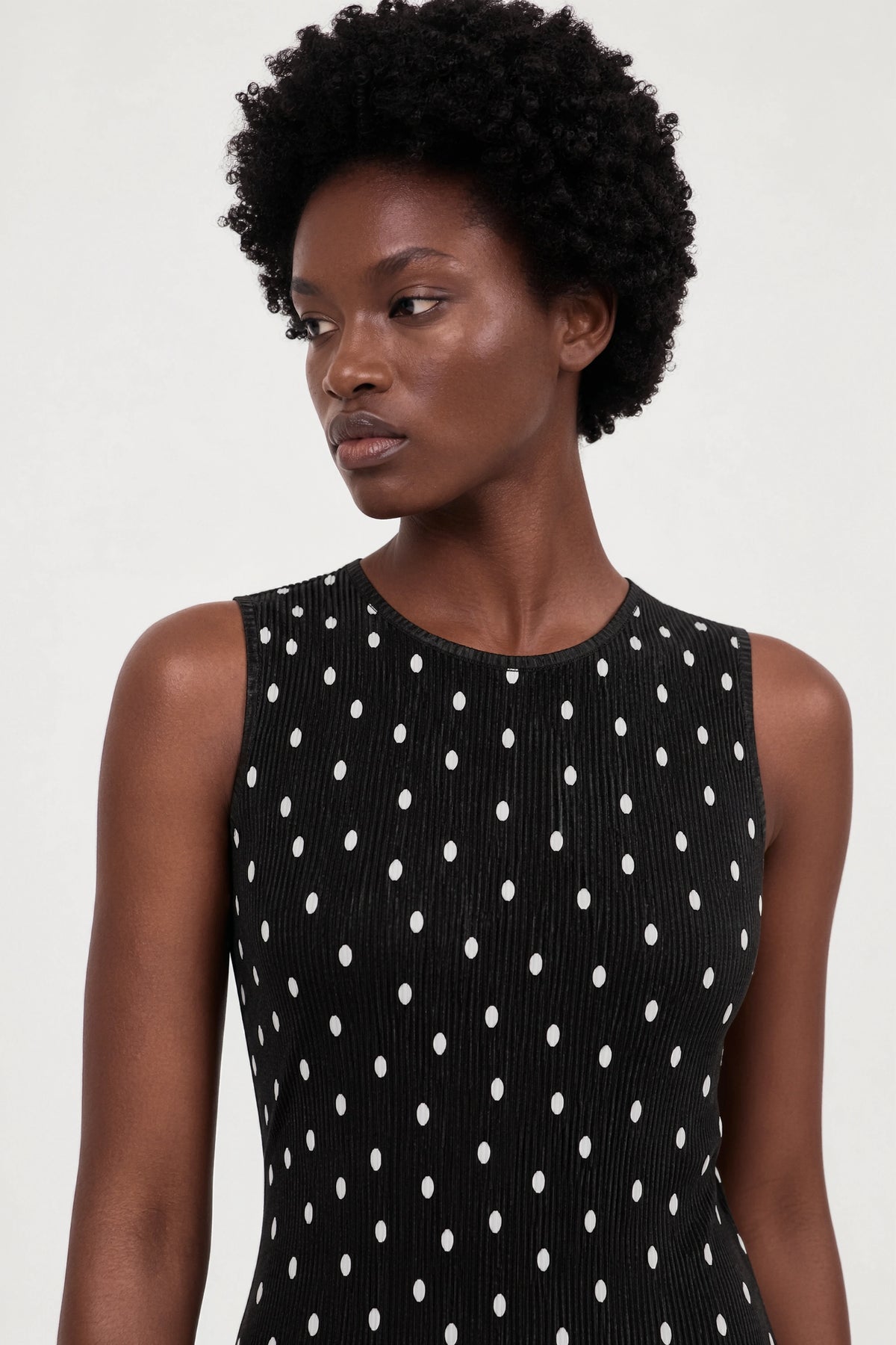 Black and ivory polka dot ribbed sleeveless column dress_4