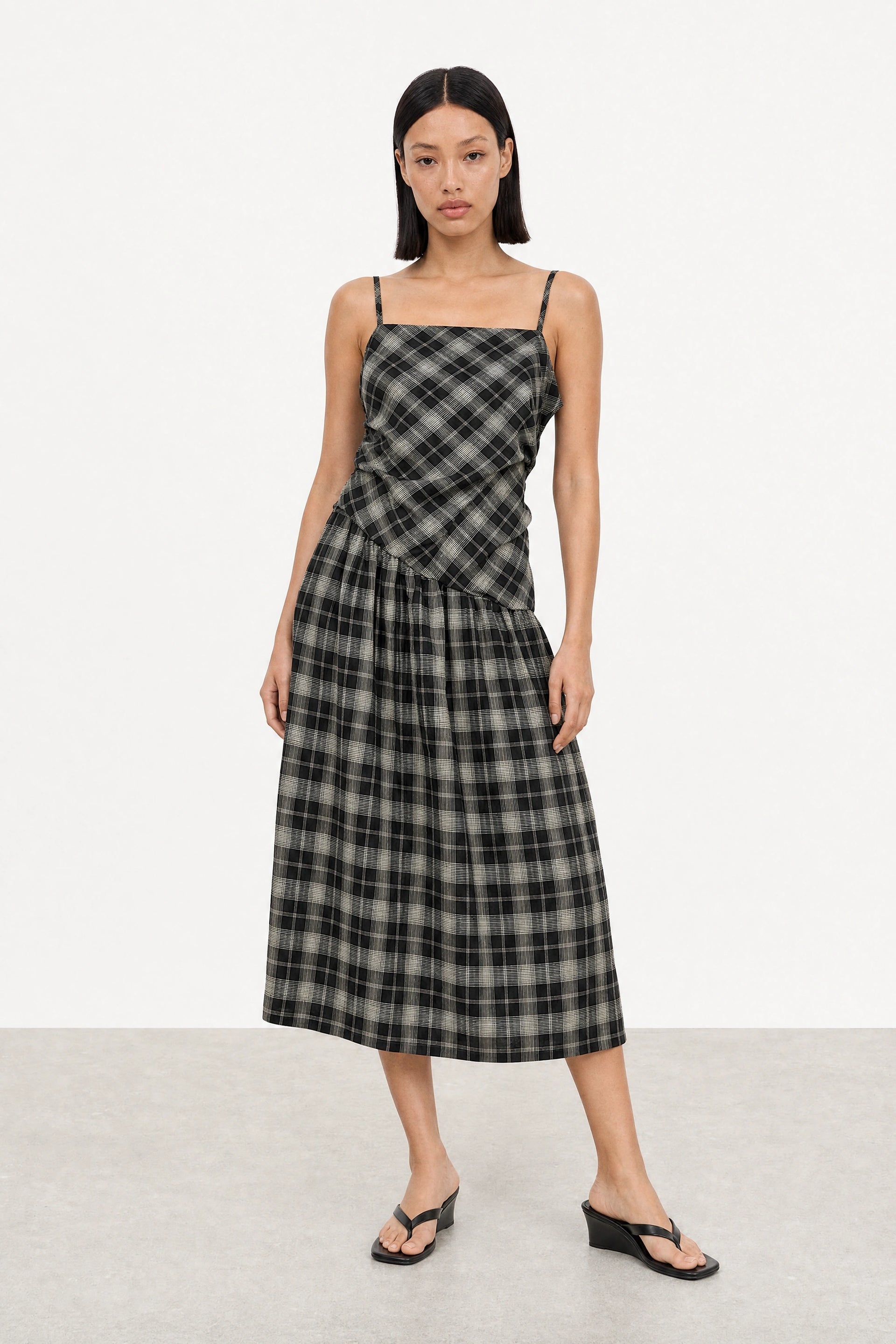black and white plaid midi dress Entro Black and Cream Plaid Cotton Midi Dress