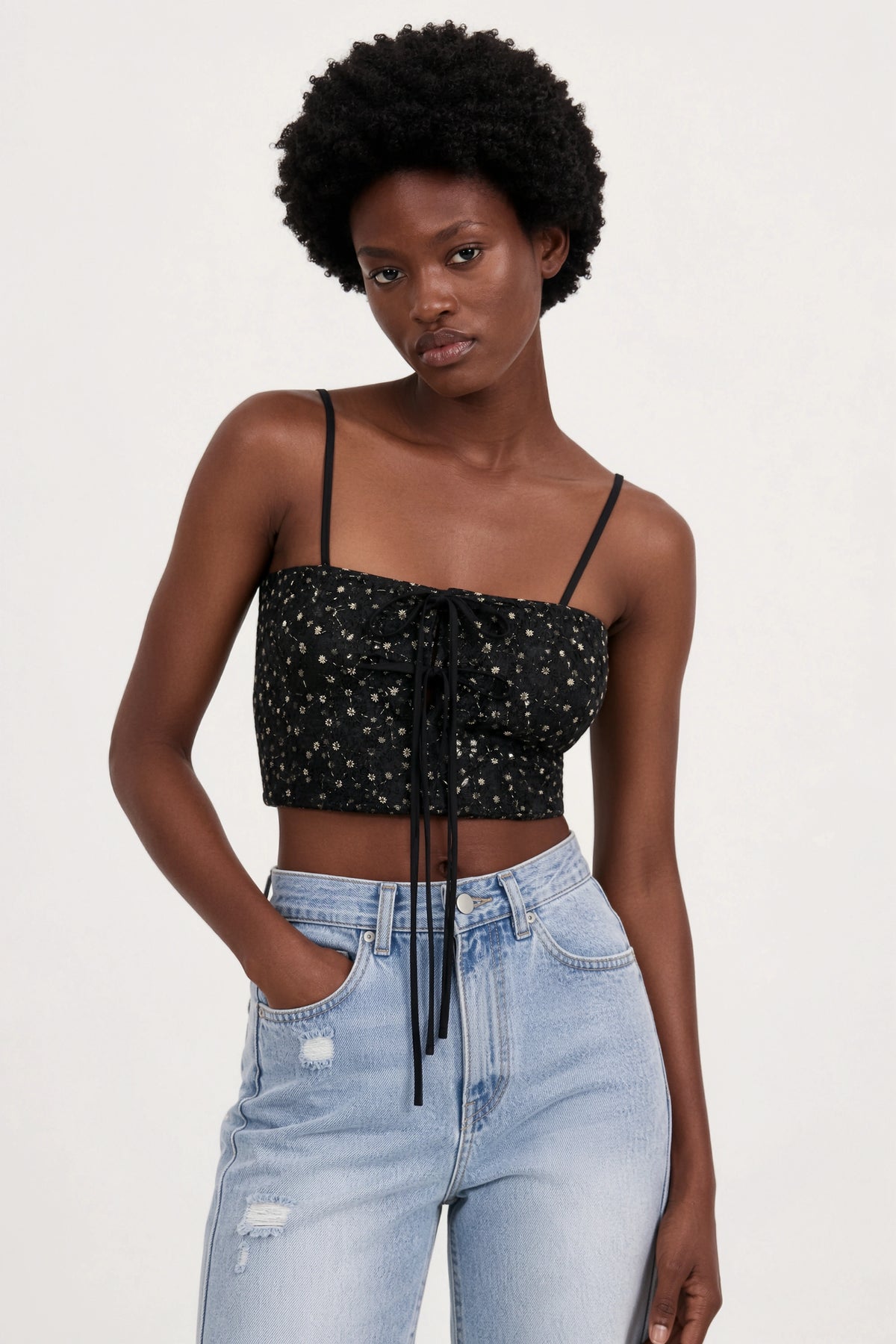 Black and white embroidered floral tie front tank_1