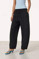 Black contrast drawstring relaxed balloon leg trousers_1