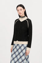 Black crochet knit contrast varsity trim zip cardigan_2