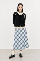 Black crochet knit contrast varsity trim zip cardigan_5