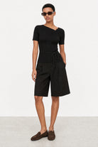 Black ribbed asymmetric neckline knit tee_4
