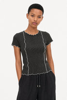 Black ribbed contrast trim double line tee_1