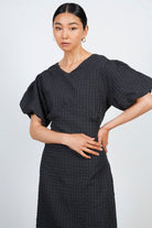 Black and grey gingham puff sleeve dress_3