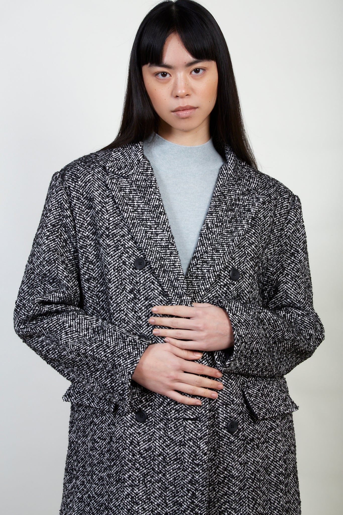 Black and white herringbone wool blend coat