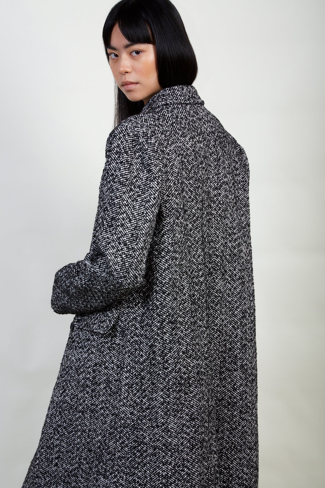Black and white herringbone wool blend coat
