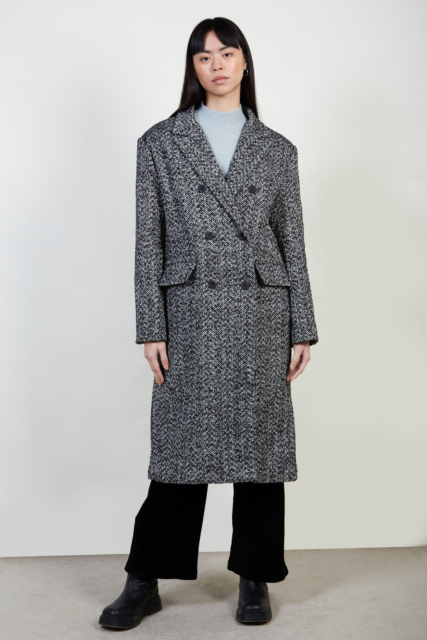 Black and white herringbone wool blend coat