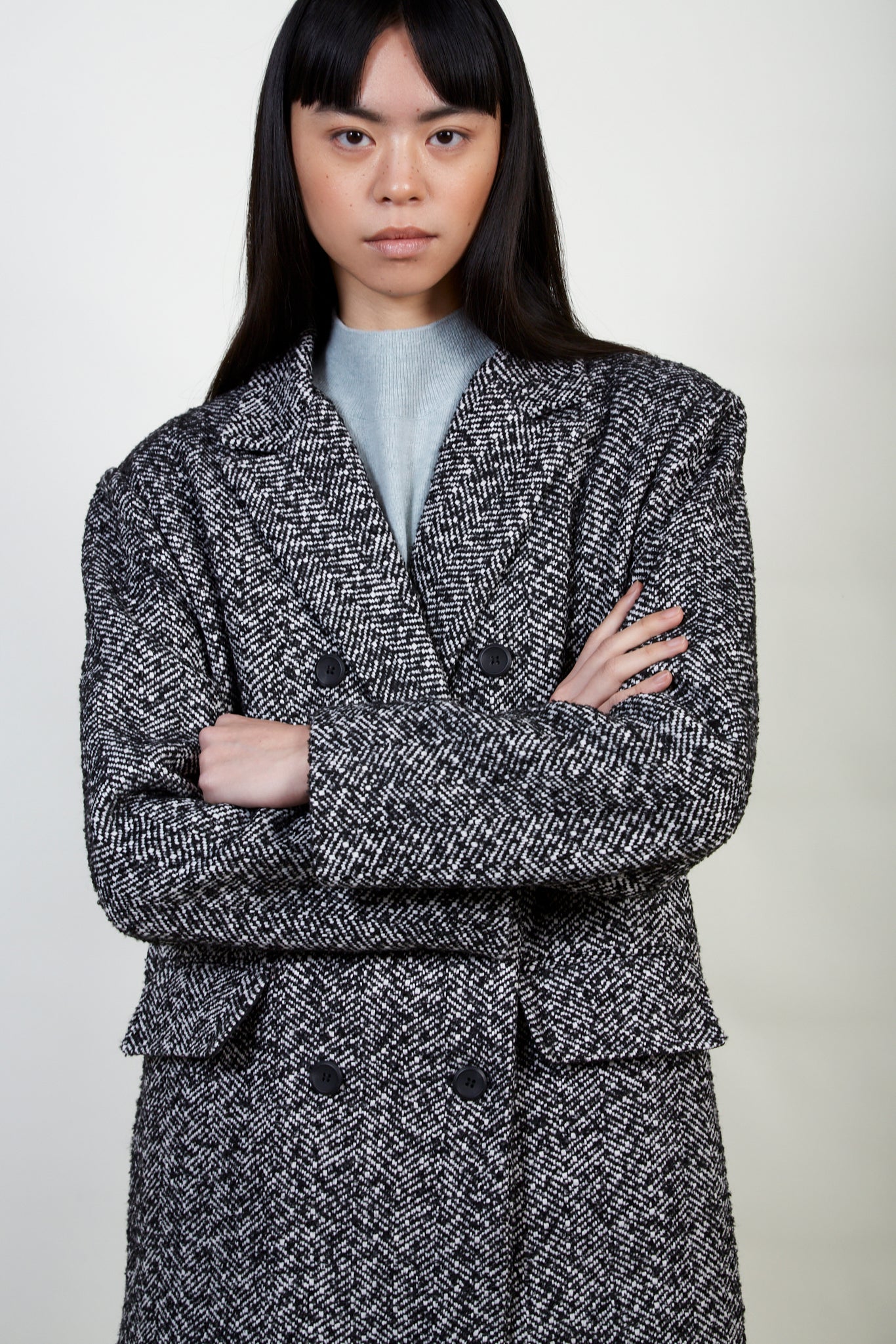 Black and white herringbone wool blend coat