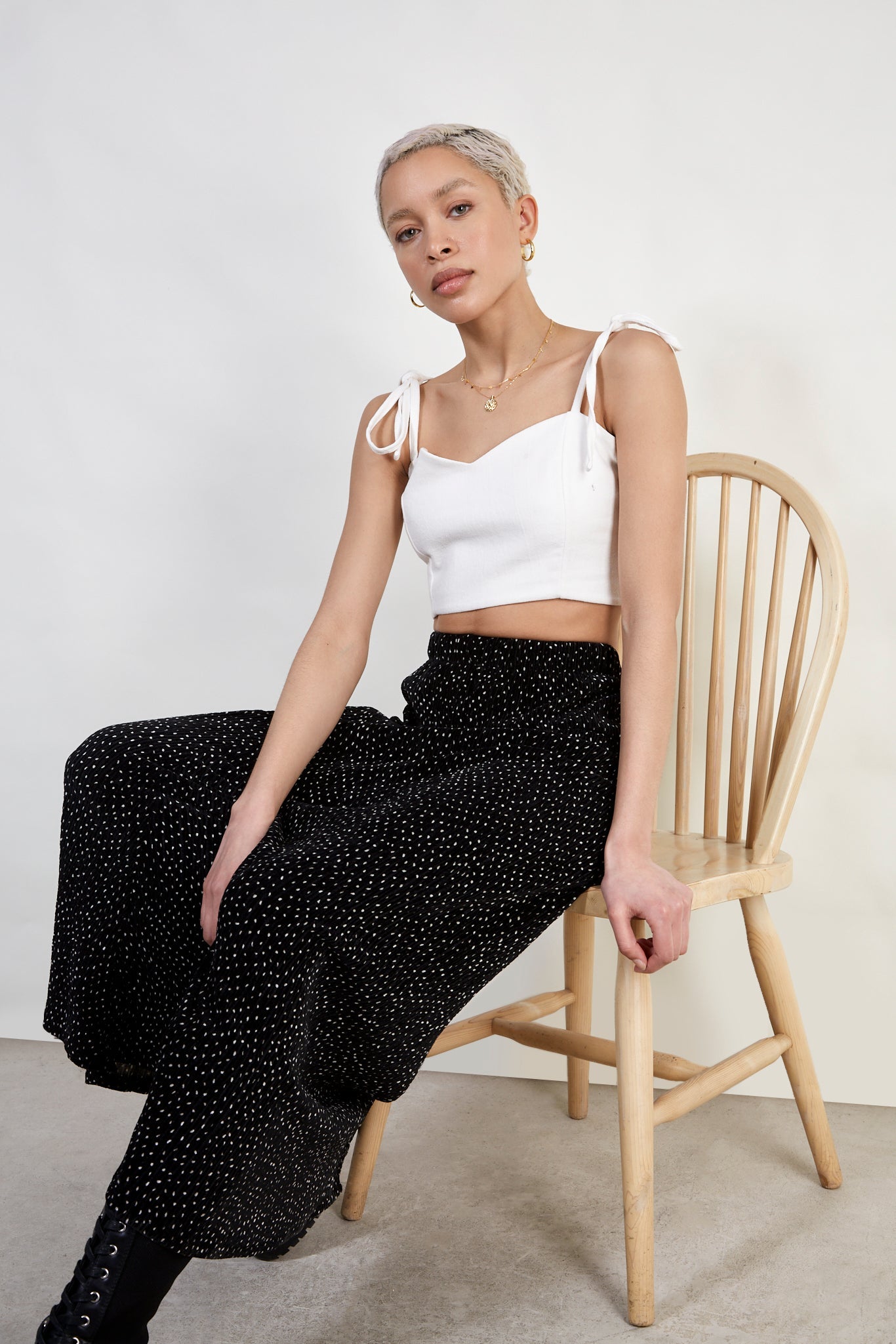 Black and white polka dot ribbed velvet maxi skirt_5