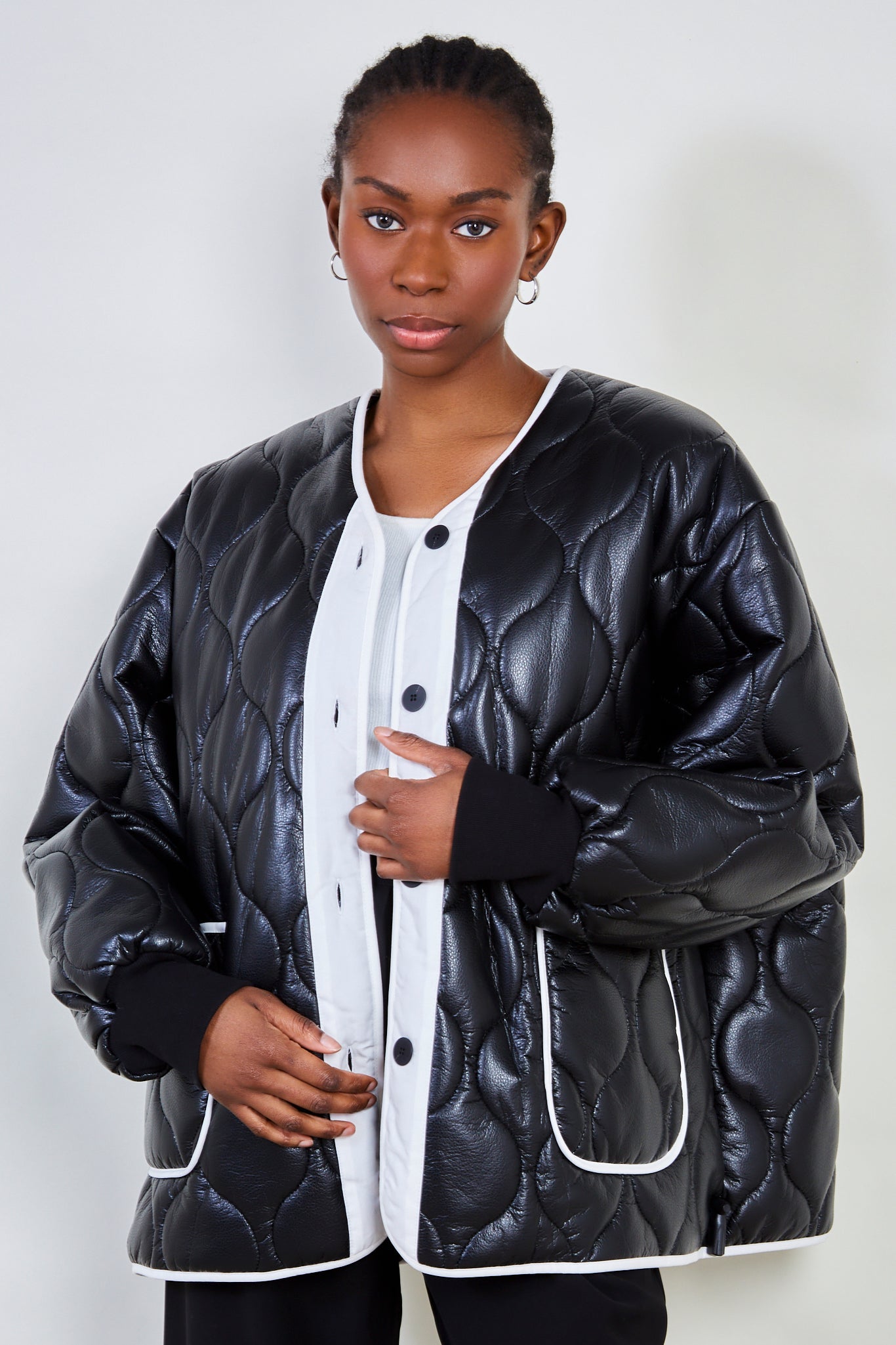 Black and white vegan leather wave stitch coat_1