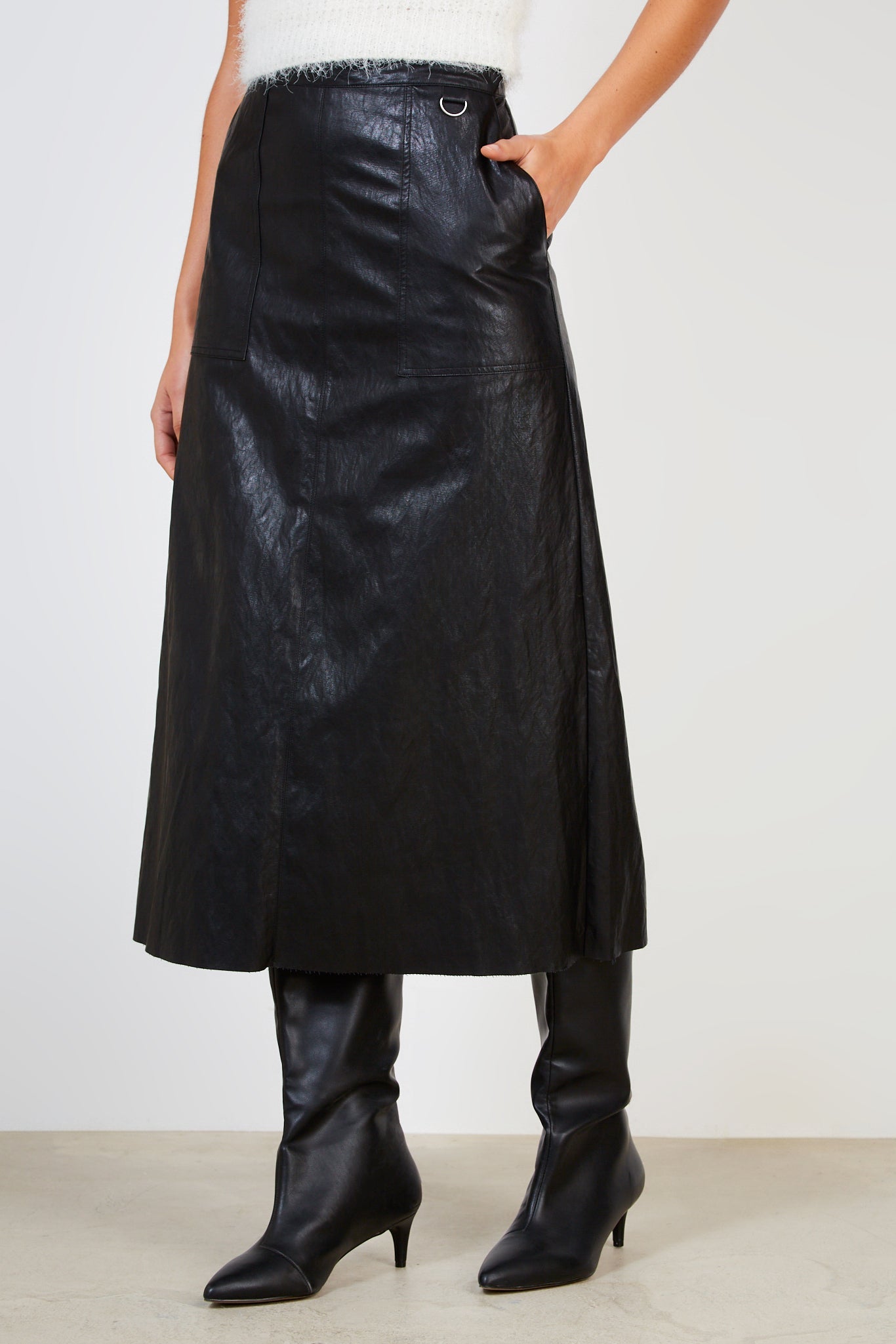 Black high shine midi skirt