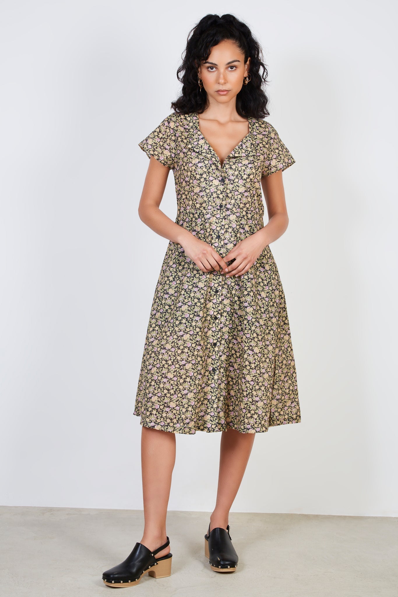 Black lilac and yellow floral print button front dress_1