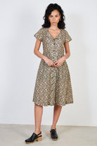 Black lilac and yellow floral print button front dress_1