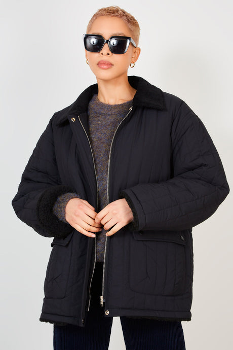 Black lined quilted corduroy collar coat