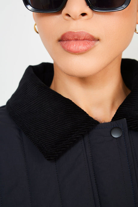 Black lined quilted corduroy collar coat