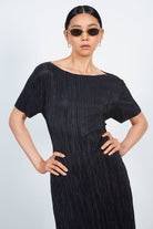 Black micro pleat peek back dress_3
