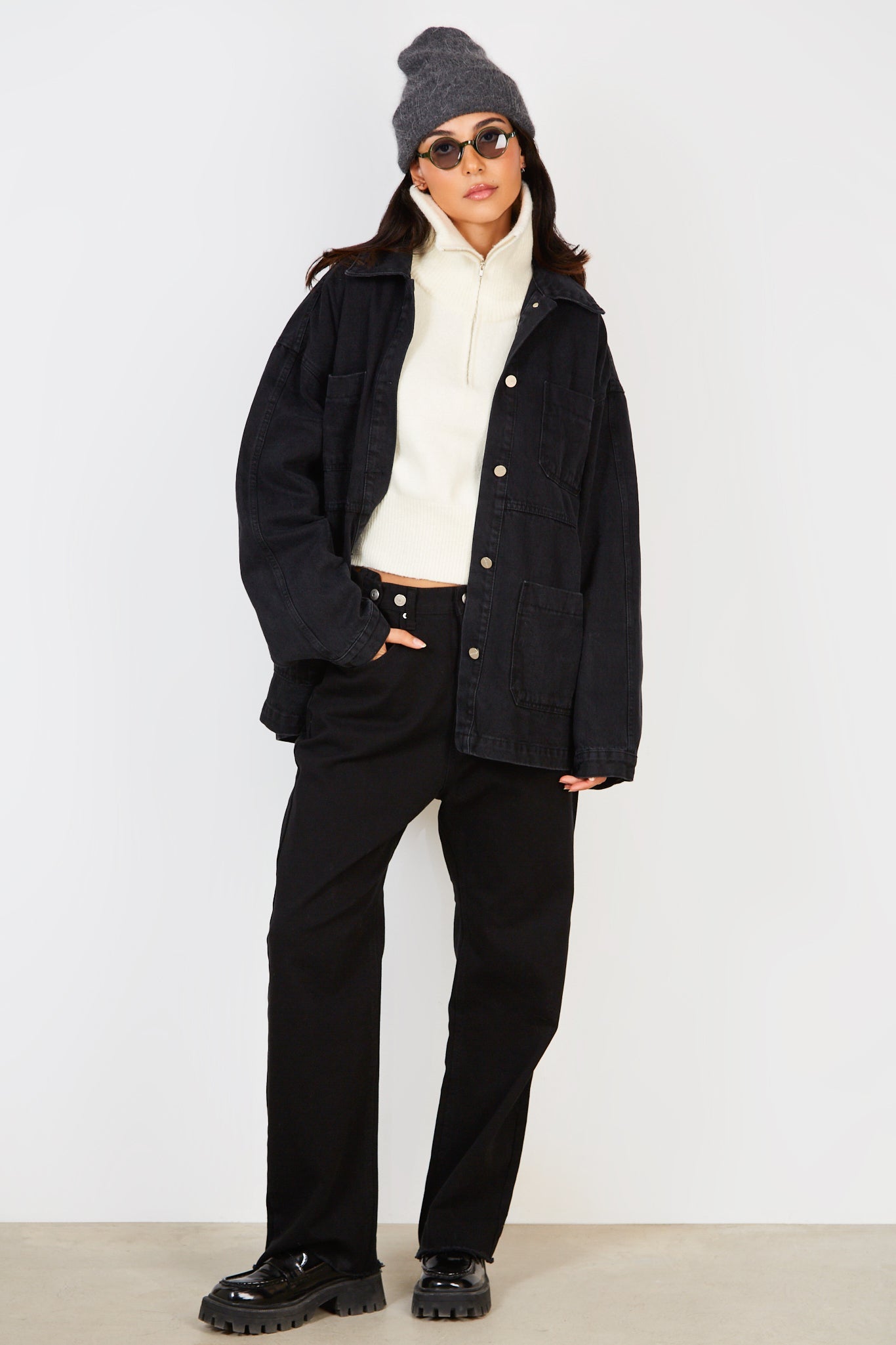Black oversized pocket front denim jacket
