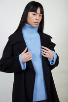 Black pure wool handmade belted shawl coat_2