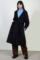 Black pure wool handmade belted shawl coat_4