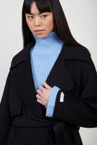 Black pure wool handmade belted shawl coat_5