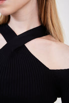 Black ribbed halter neck knit top_5