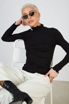 Black ribbed mock neck ruffle trim top_4