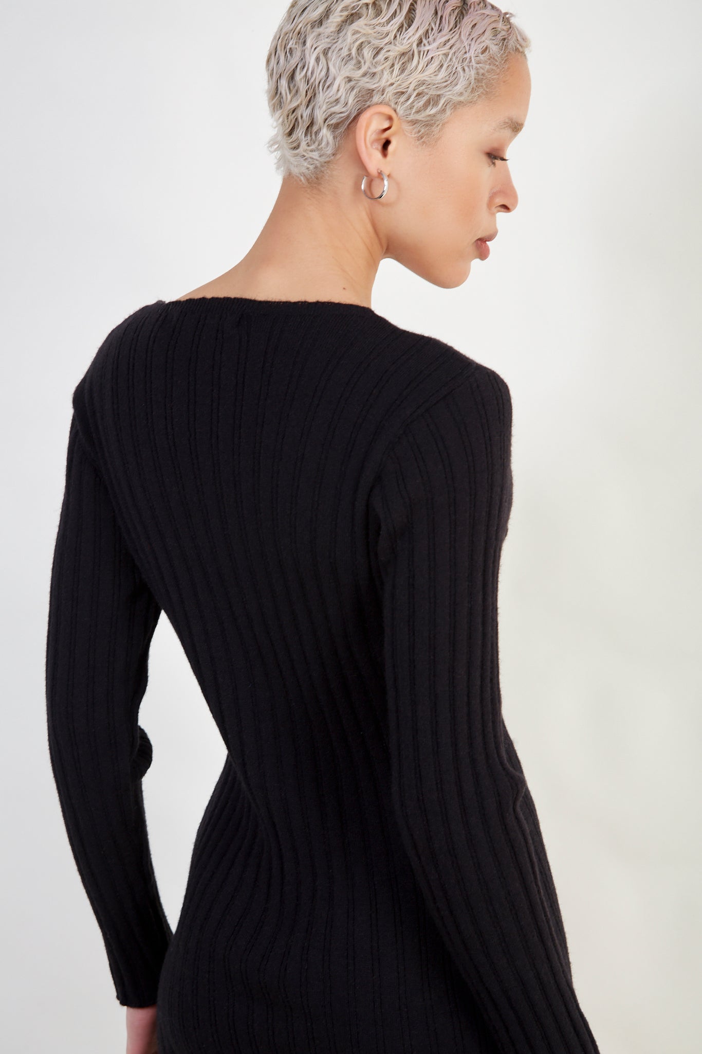 Black ribbed pull front knit mini dress