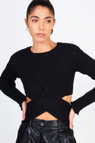 Black ribbed slit back knit top_1