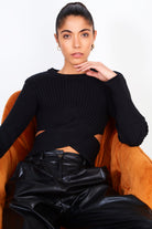 Black ribbed slit back knit top_5