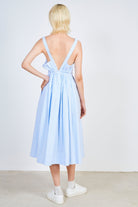 Blue and white striped plunging V back dress_2