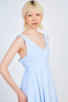 Blue and white striped plunging V back dress_3