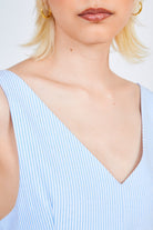 Blue and white striped plunging V back dress_4