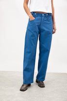 Blue adjustable waist double button jeans_1