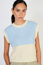 Blue and beige colorblock waffle knit sweater vest_1