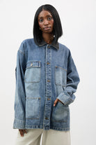 Blue and black contrast collar denim jacket_2