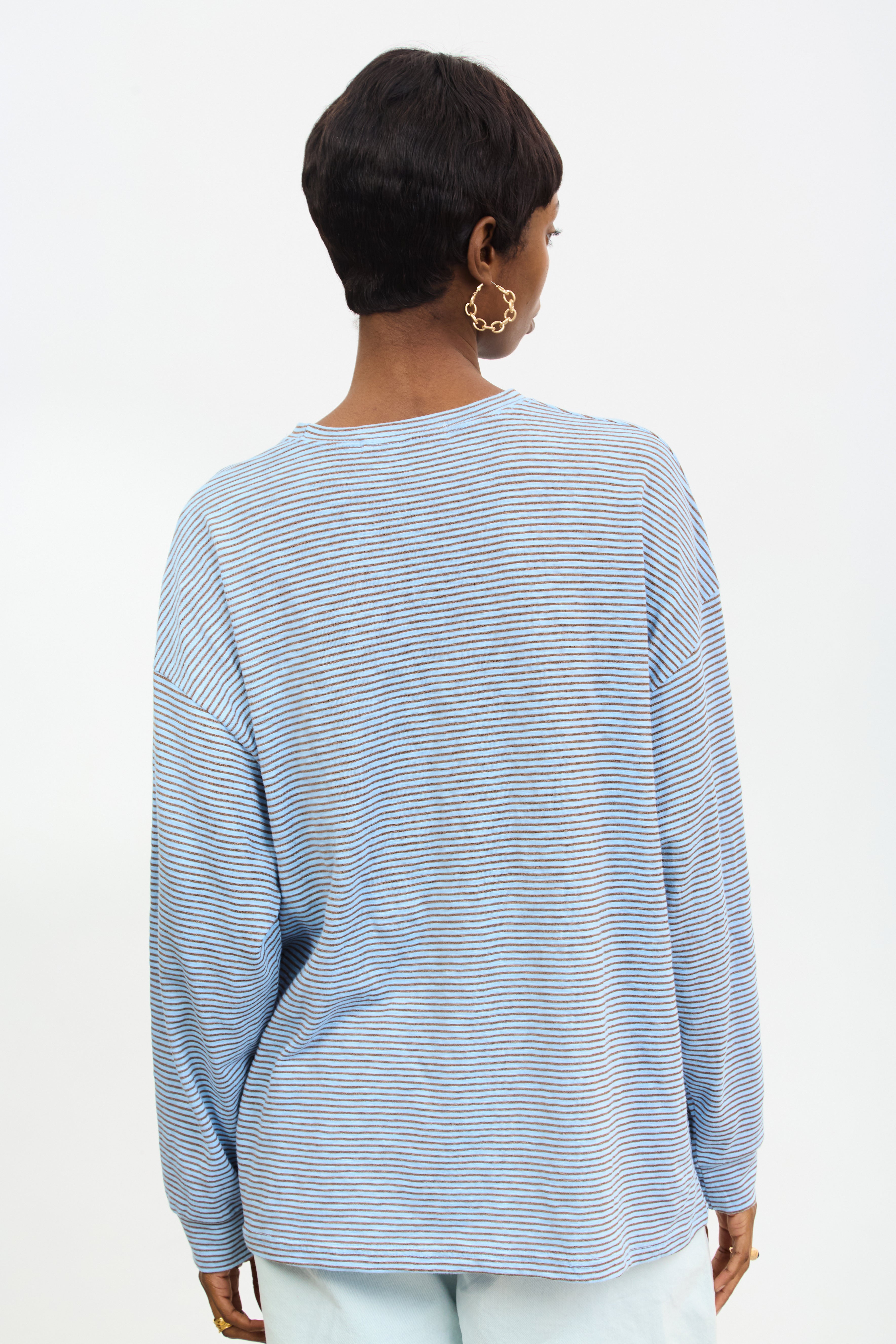 Blue and brown horizontal stripe long sleeve tee_2