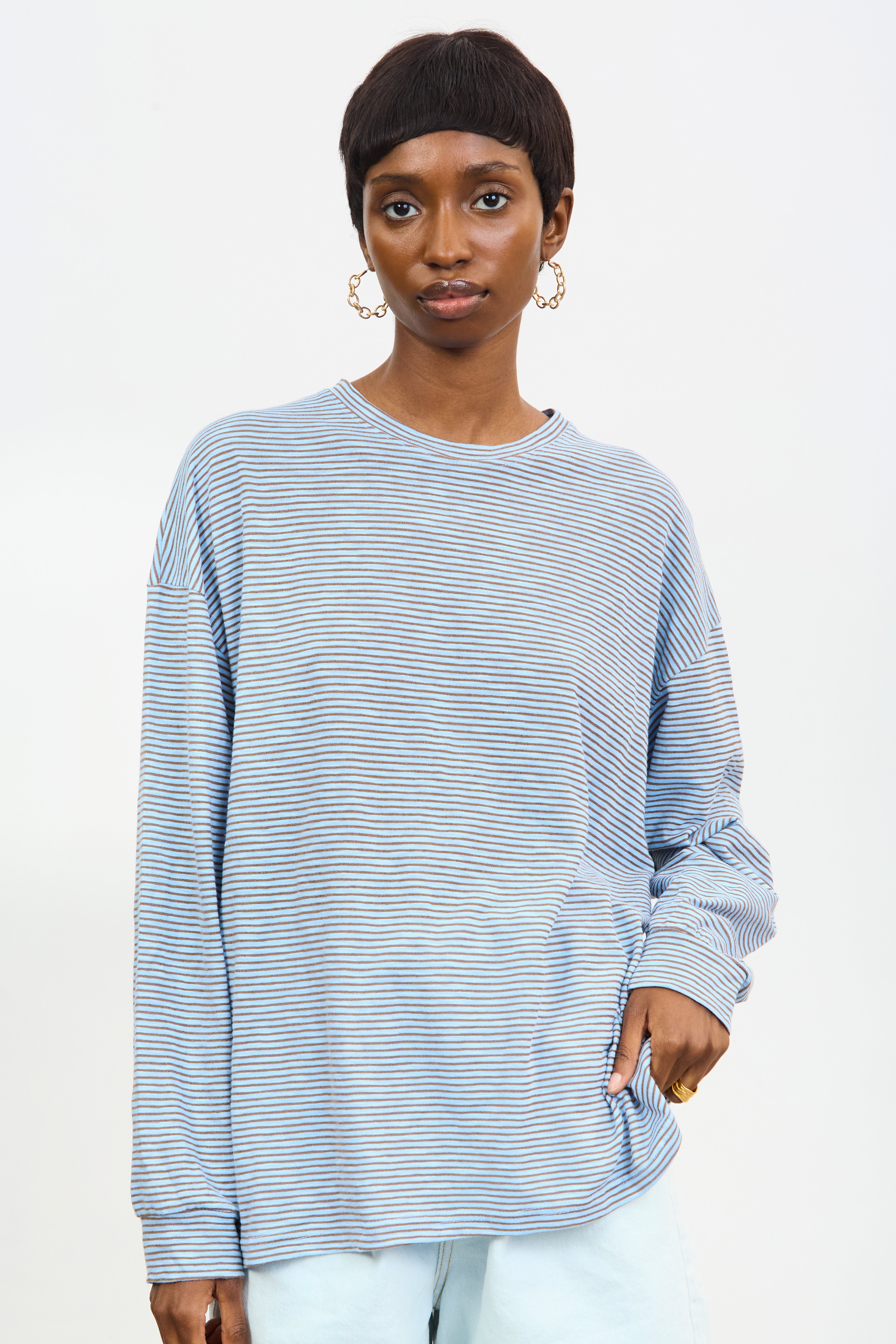 Blue and brown horizontal stripe long sleeve tee | Glassworks London