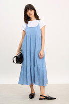 Blue and ivory check tiered midi dress_1