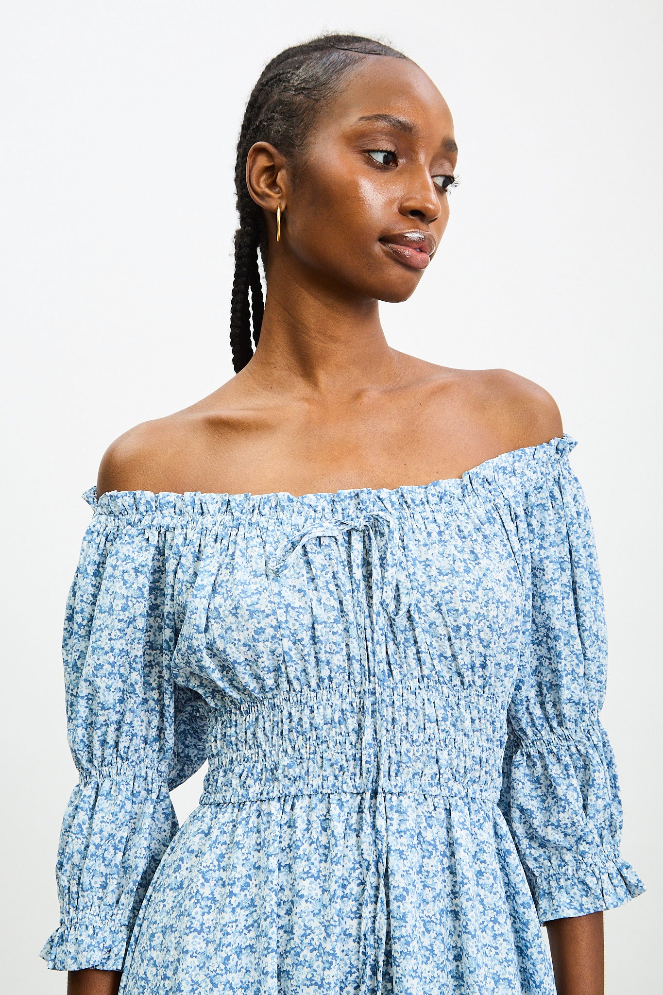 Blue and ivory ditsy floral off shoulder midi dress_3